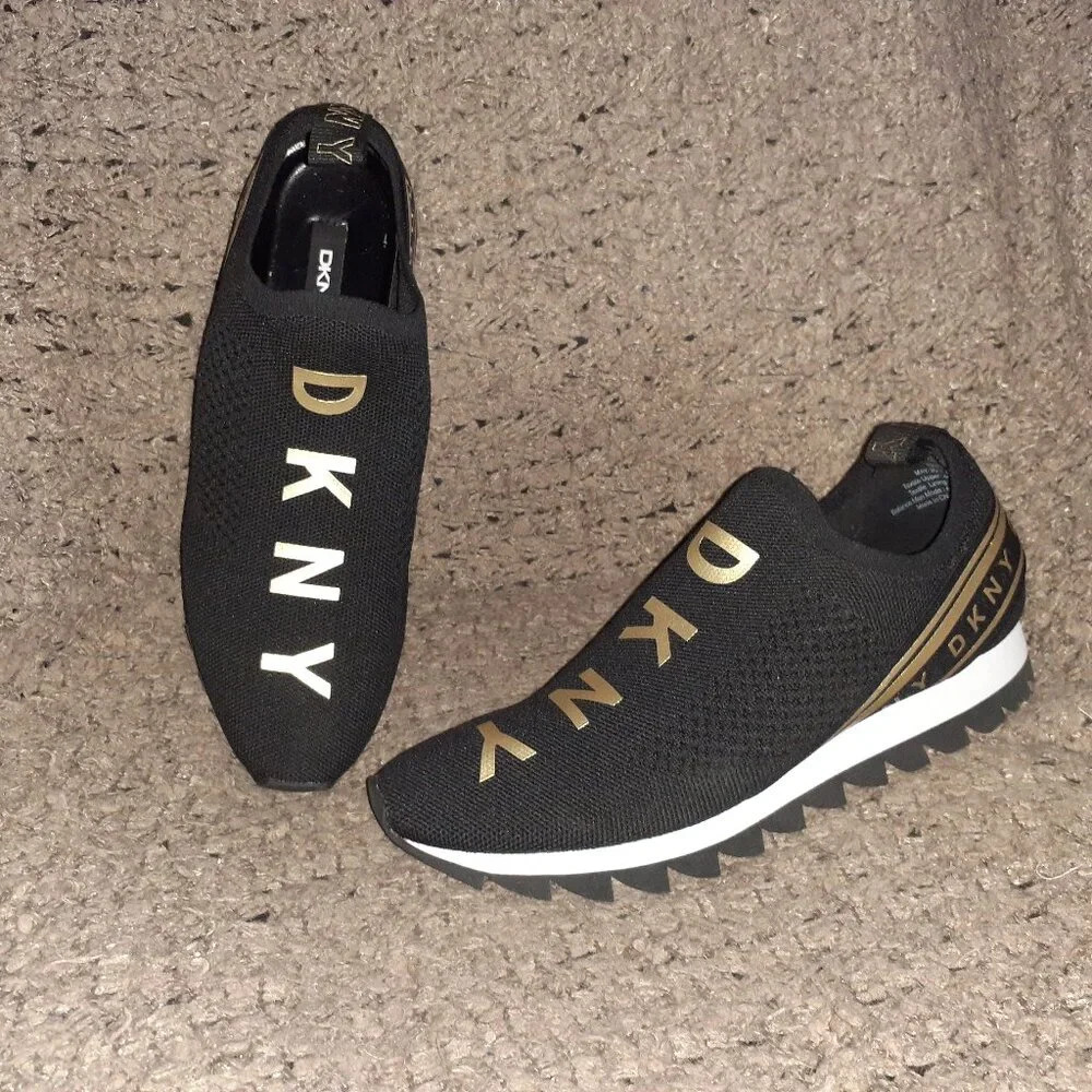 DKNY-Abbi Pull On Sock  Sneaker-Air Knit-Black/White/Gold-Sz 9.5-Near Mint